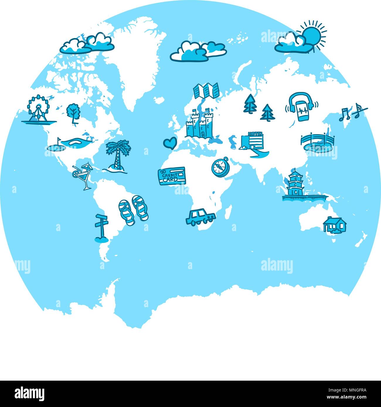 Carte du monde avec des croquis travel icons, des dessins vectoriels Illustration de Vecteur