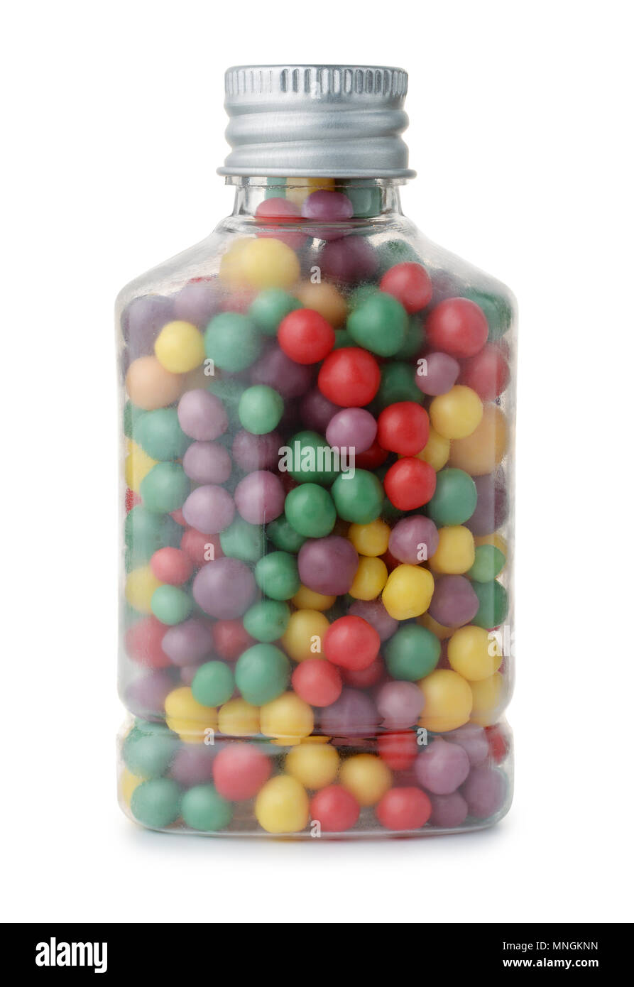 Petite bouteille pleine de gouttes colorées isolé sur whiite bonbons Banque D'Images