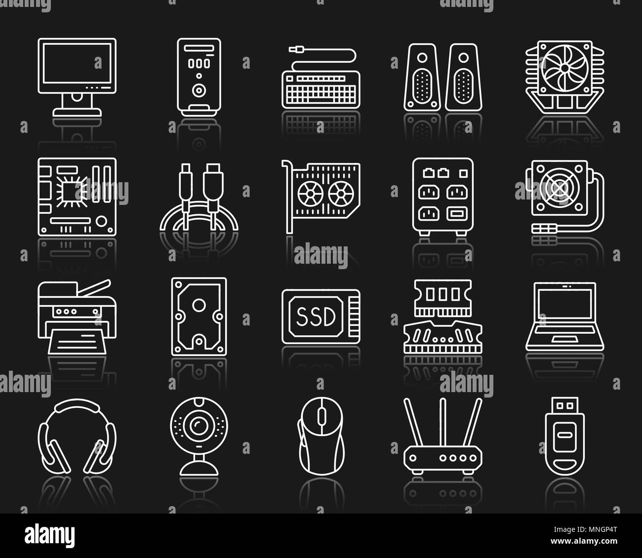 Ordinateur ligne mince icons set. Kit de connexion web Aperçu de l'électronique. Icône linéaire Gadget collection comprend un coffre, un modem, un casque. Ordinateur simple s Illustration de Vecteur