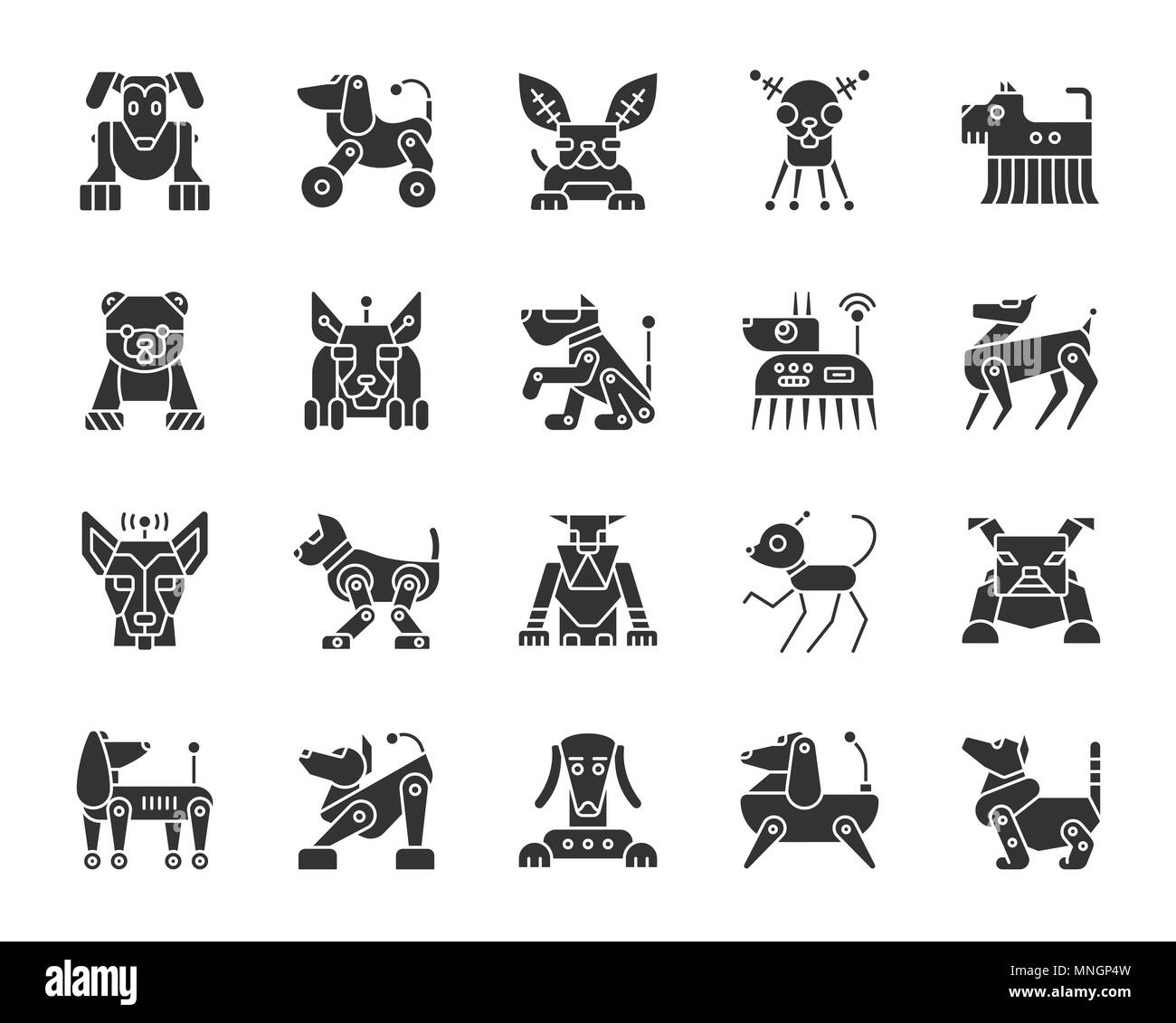 Silhouette Chien Robot icons set. Kit de connexion web monochromes isolés de pet. Mignon petit personnage pictogrammes collection comprend transformateur, machine, cyborg. Si Illustration de Vecteur