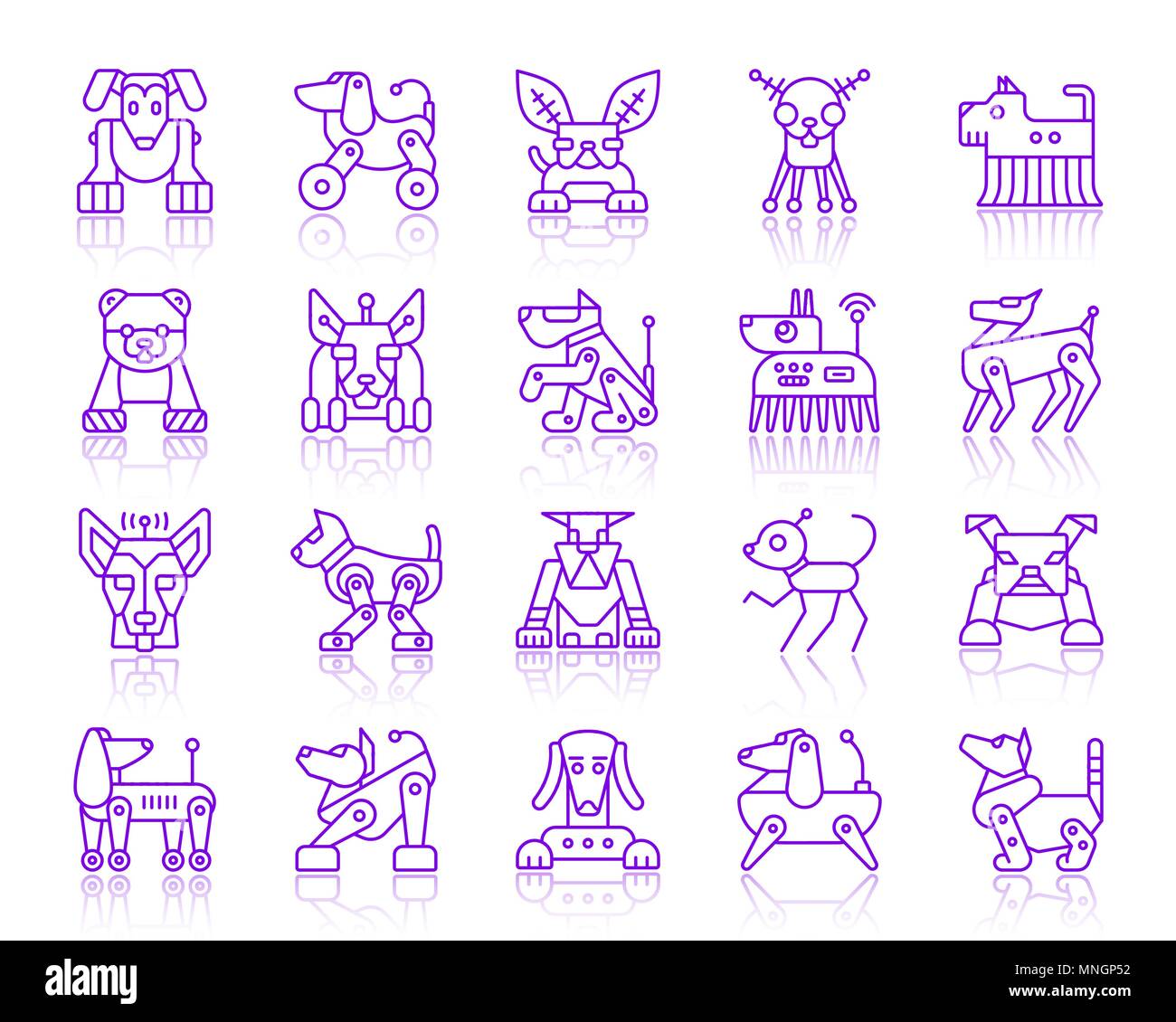 Chien Robot ligne mince icons set. Contours vector web violet kit de connexion d'animal. Caractère Ultraviolet icône linéaire collection comprend transformateur, linge, Illustration de Vecteur
