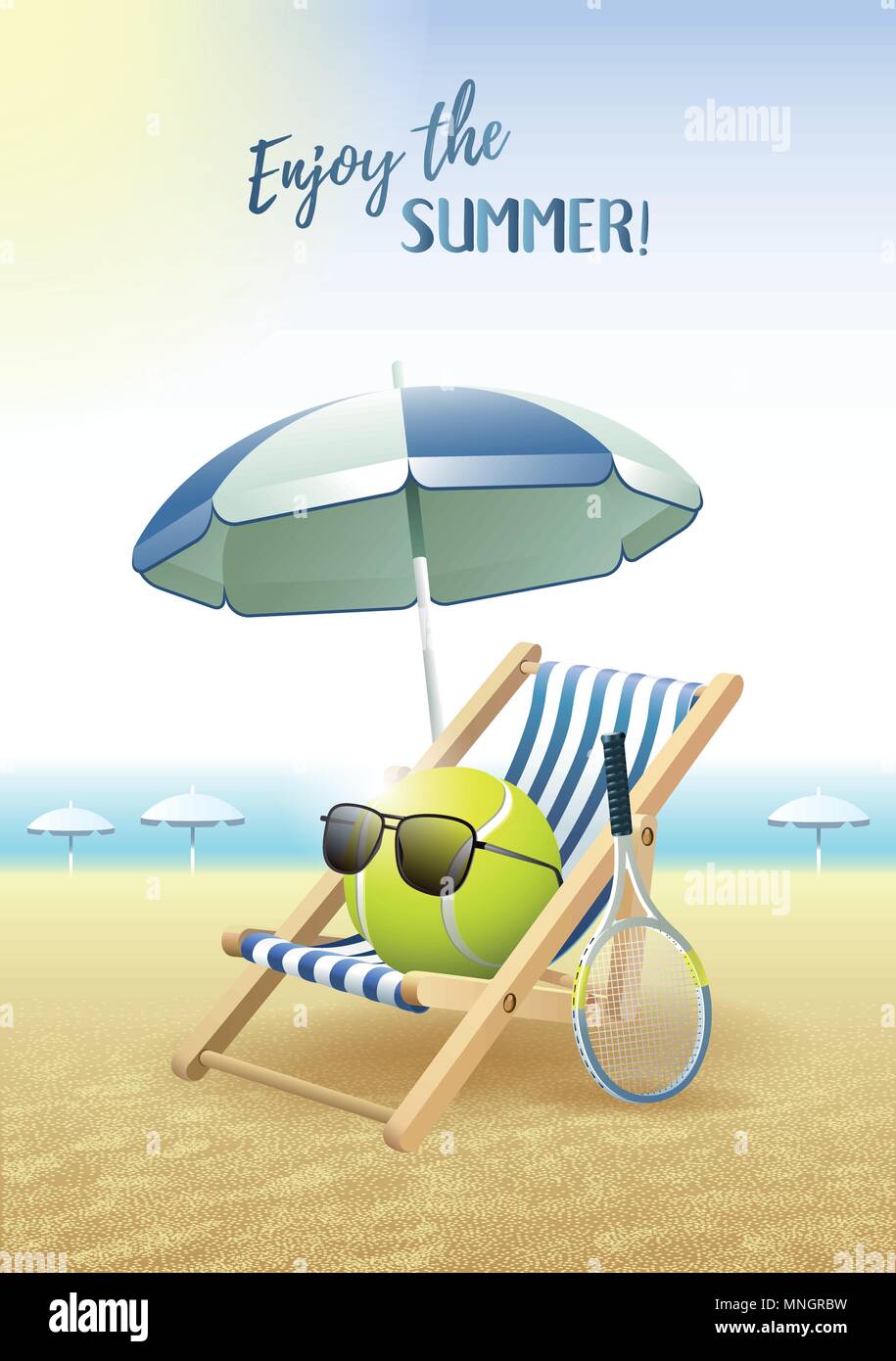 Profitez de l'été ! Carte de sport. Balle de tennis avec des lunettes de soleil, parasol, chaise longue et raquette de tennis sur la plage de sable. Vector illustration. Illustration de Vecteur