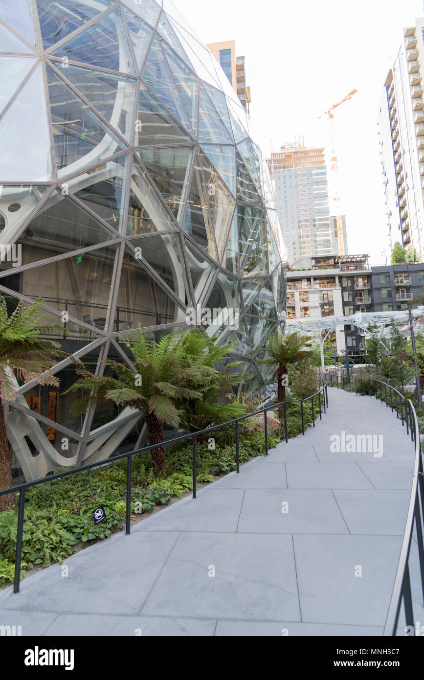 L'entreprise Amazon siège social mondial à Seattle Washington soleil  d'après-midi, chemin de ronde prochaine les sphères Photo Stock - Alamy