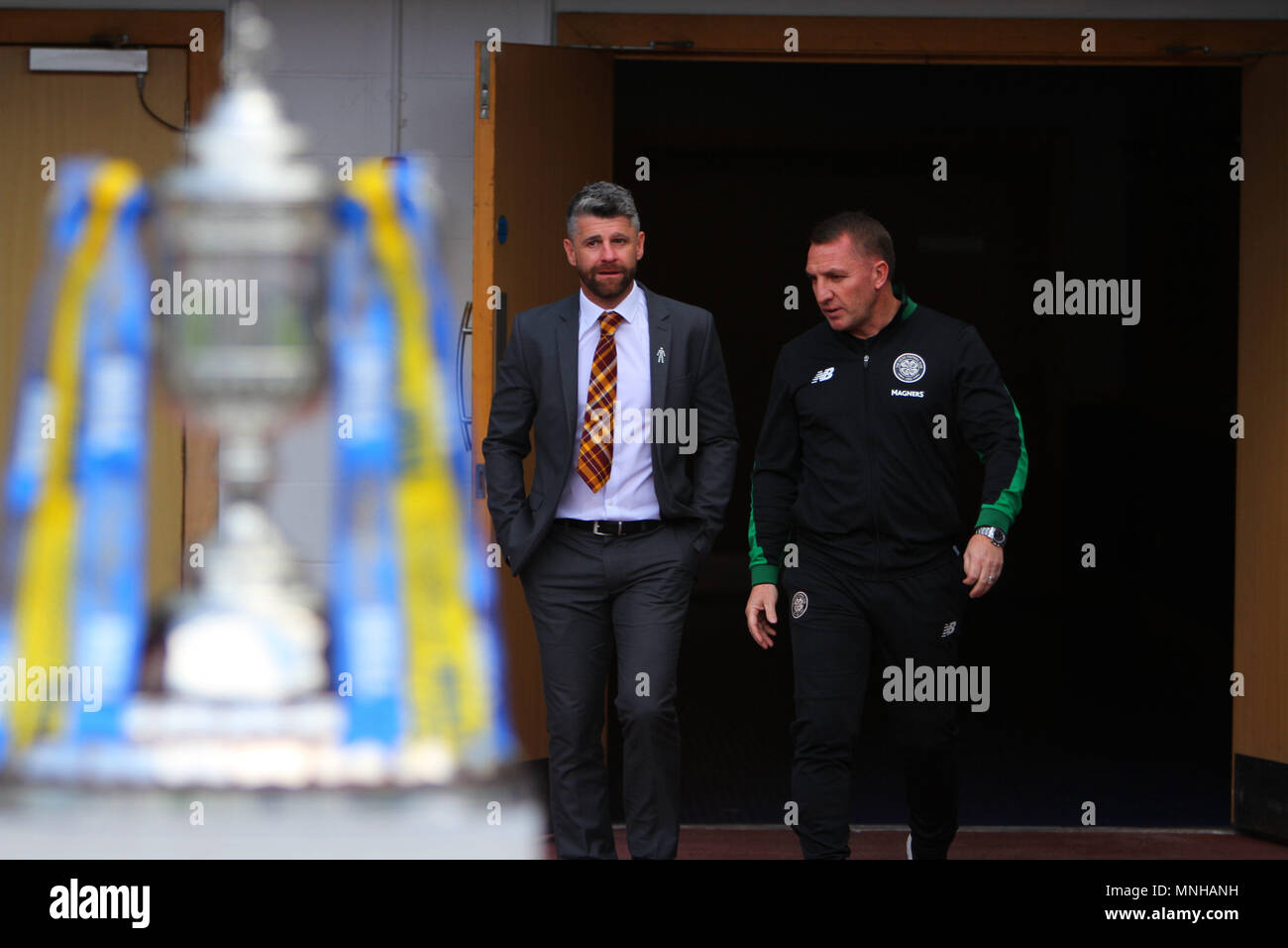 Hampden Park, Glasgow, Royaume-Uni. 17 mai, 2018. La finale de la Coupe écossais aperçu ; Brendan Rodgers et Stephen Robinson arrivent pour la conférence de presse : Action Crédit Plus Sport/Alamy Live News Banque D'Images