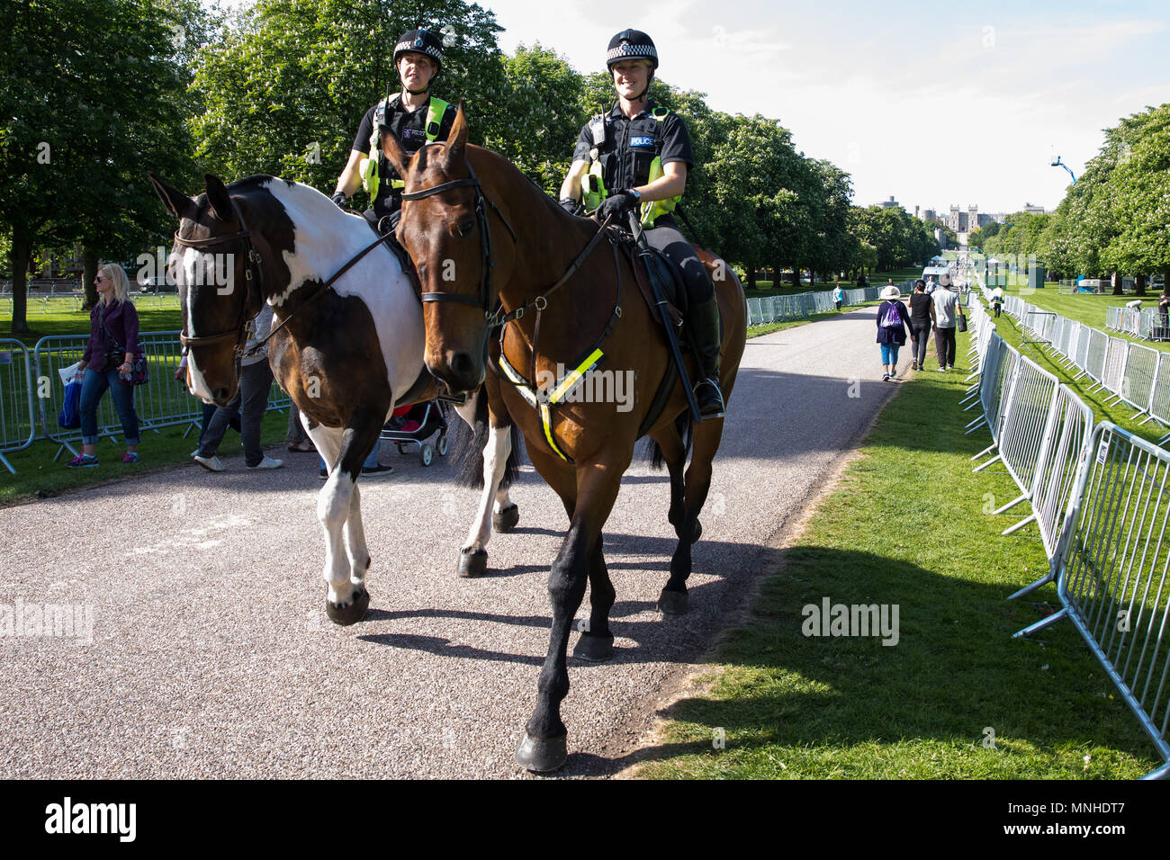 Windsor, Royaume-Uni. 17 mai, 2018. Les agents de la police montée de la patrouille longue marche dans Windsor Great Park à l'avance de Saturday's mariage royal entre le Prince Harry et Meghan Markle. Credit : Mark Kerrison/Alamy Live News Banque D'Images