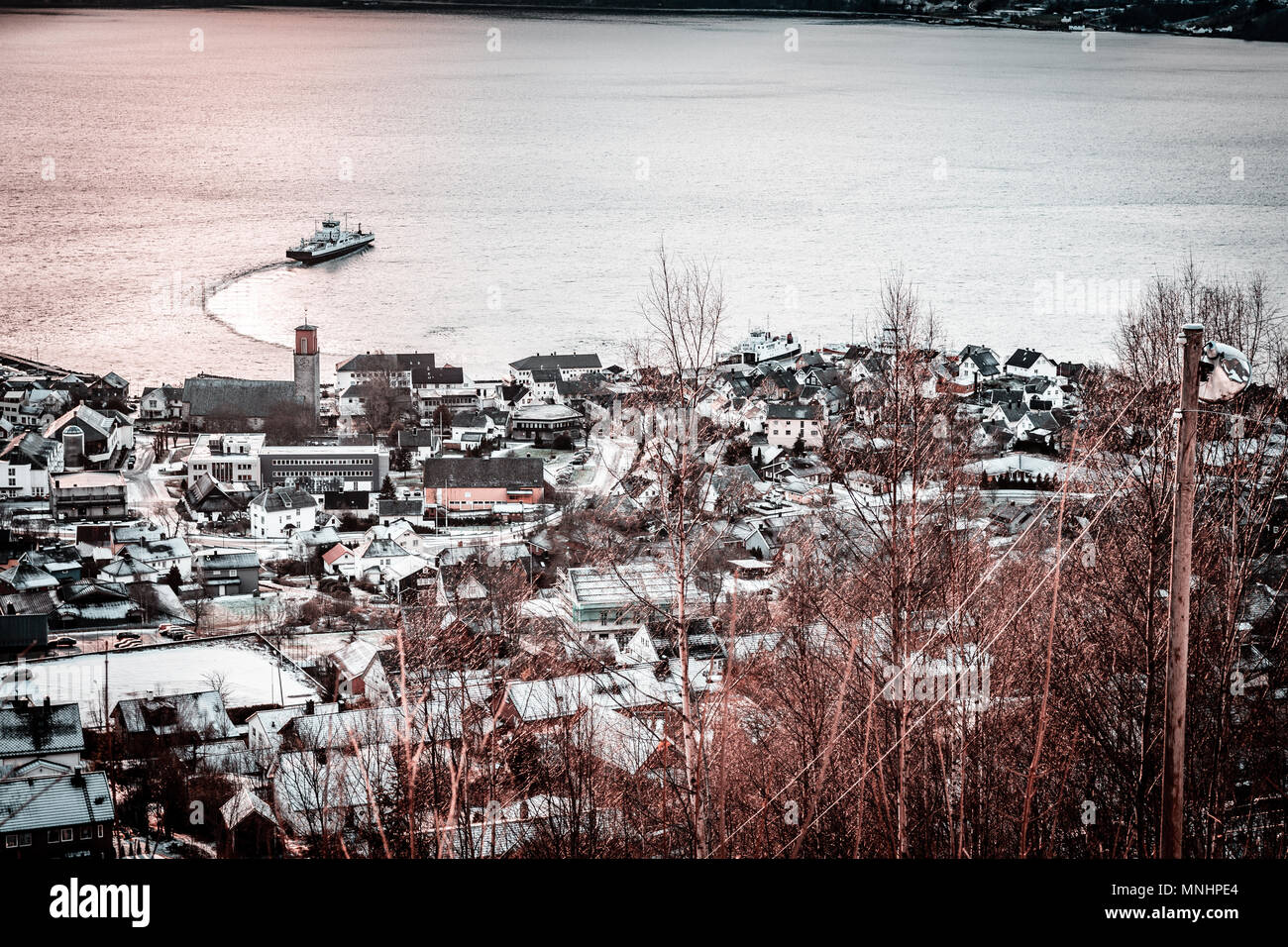 Volda (Norvège) en hiver, vue aérienne Banque D'Images
