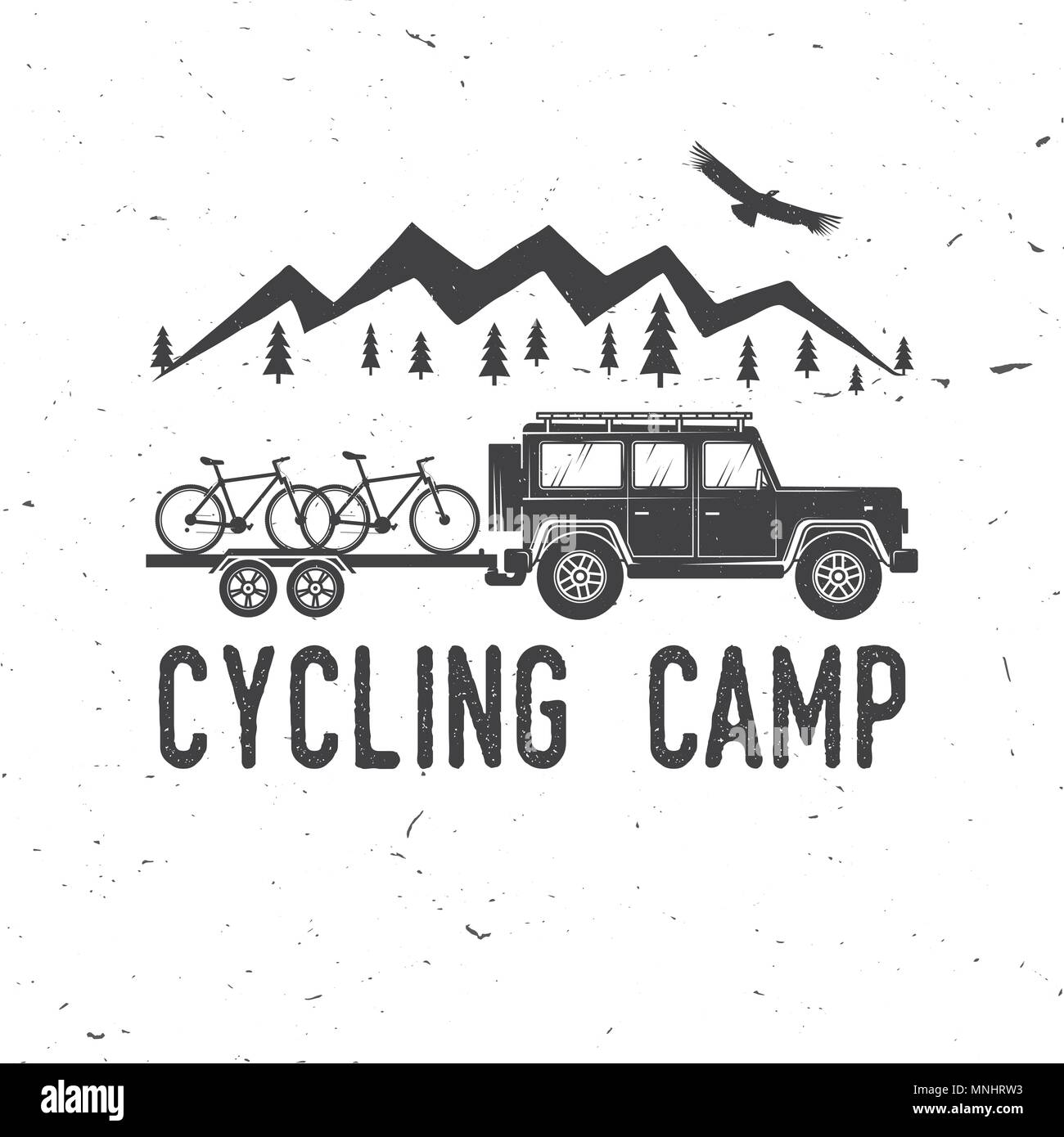 Camp de vélo. Vector illustration. Concept pour chemise ou d'un logo, d'impression, de timbres ou de pièce en t. Typographie vintage design avec Voiture et remorque, vélos de montagne et Illustration de Vecteur