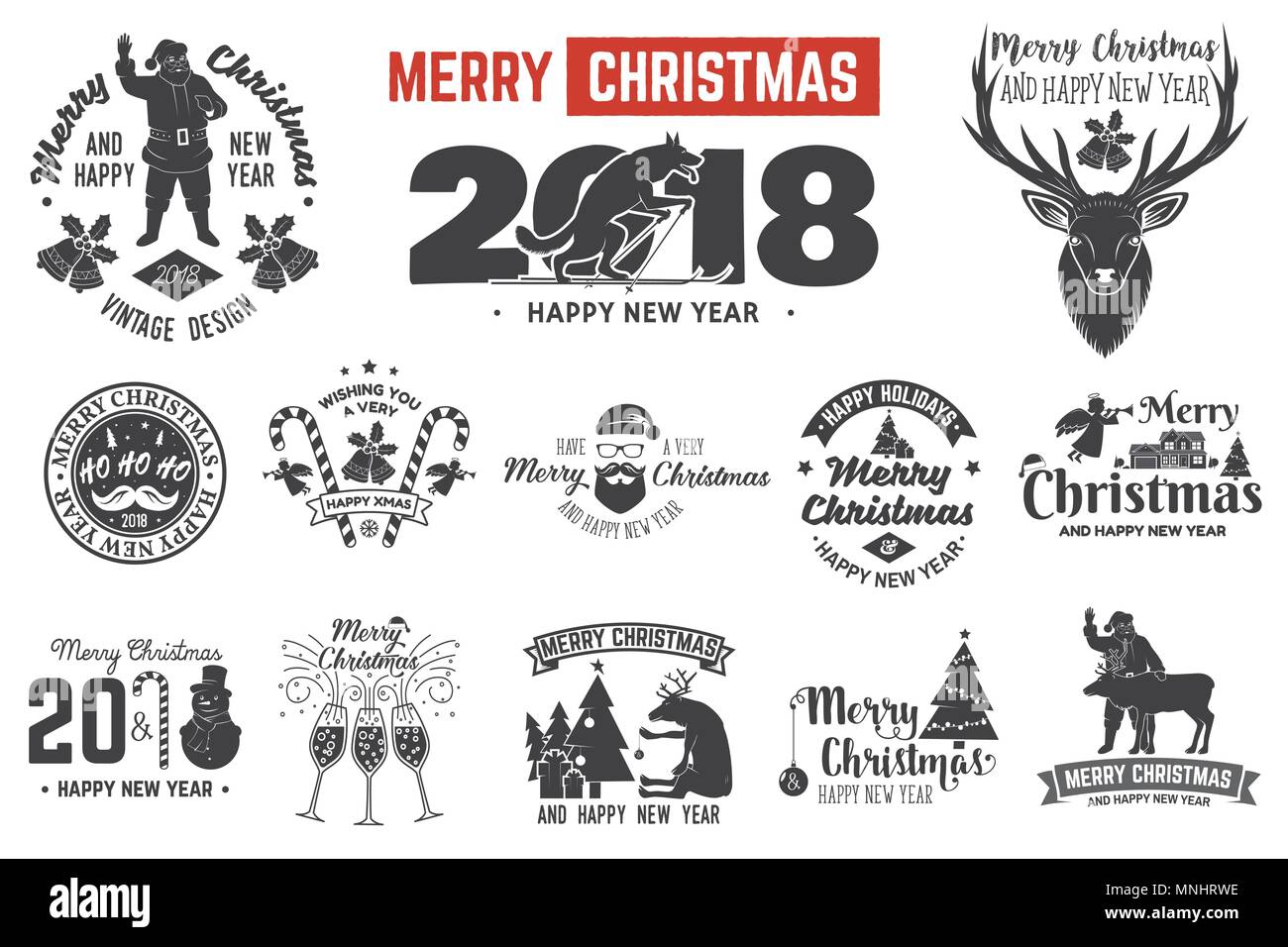 Joyeux Noël et Bonne Année 2018 Modèle rétro avec le Père Noël, arbre de Noël, les cadeaux et les rennes. Vector illustration. Design Noël pour cong Illustration de Vecteur