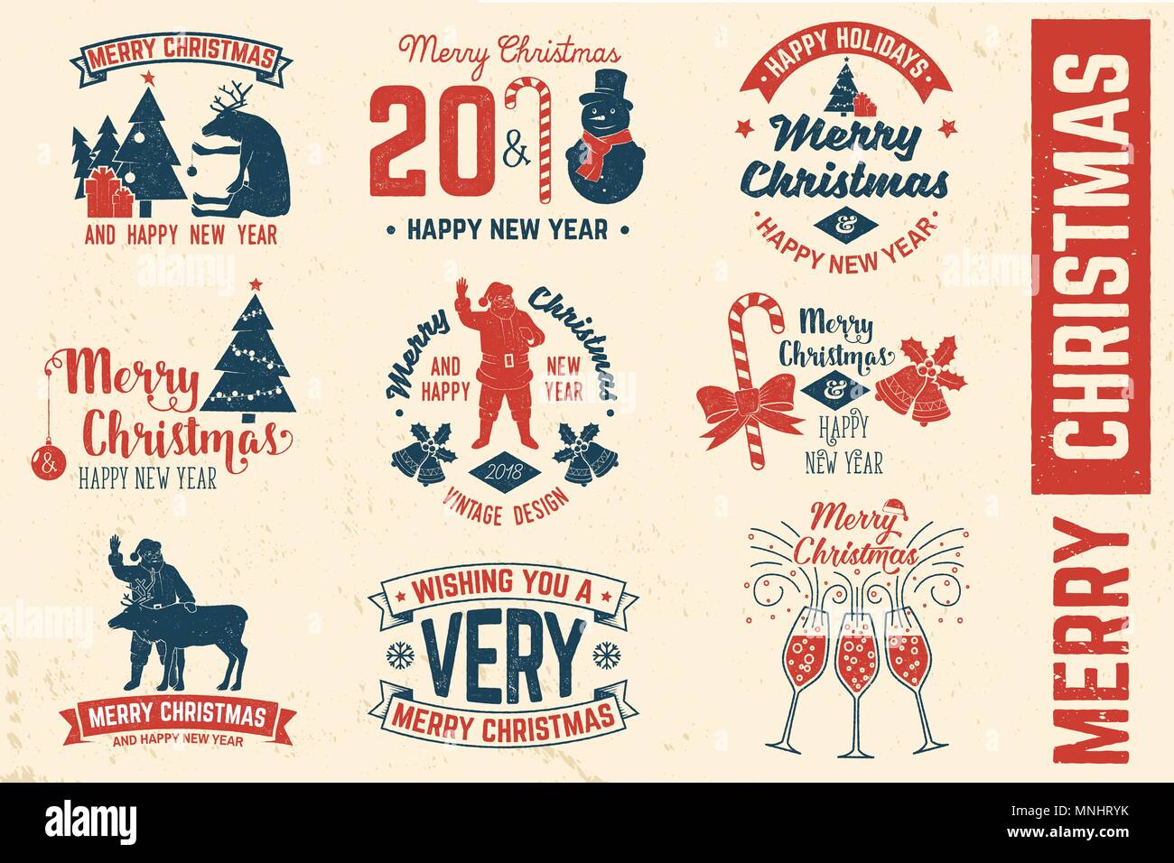 Joyeux Noël et Bonne Année 2018 Modèle rétro avec le Père Noël, arbre de Noël, les cadeaux et les rennes. Vector illustration. Design Noël pour cong Illustration de Vecteur