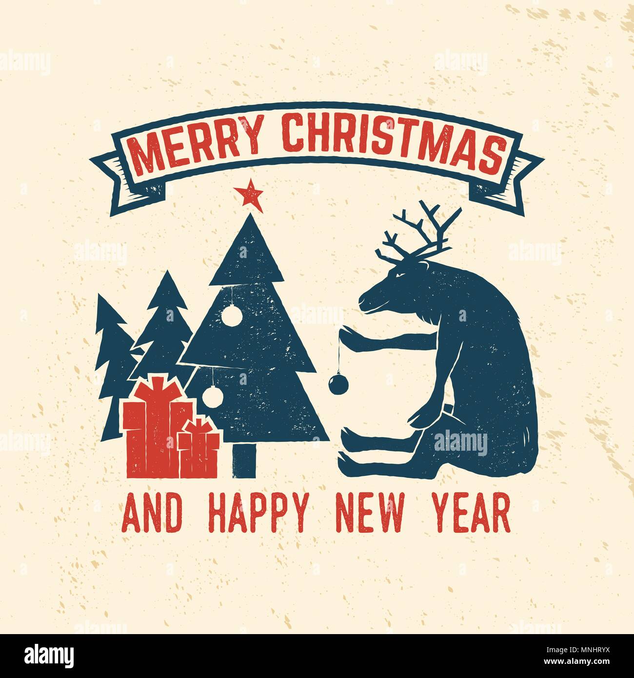 Joyeux Noël et Bonne Année 2018 Modèle rétro avec arbre de Noël, les cadeaux et les rennes. Vector illustration. Félicitations pour la conception de Noël ca Illustration de Vecteur