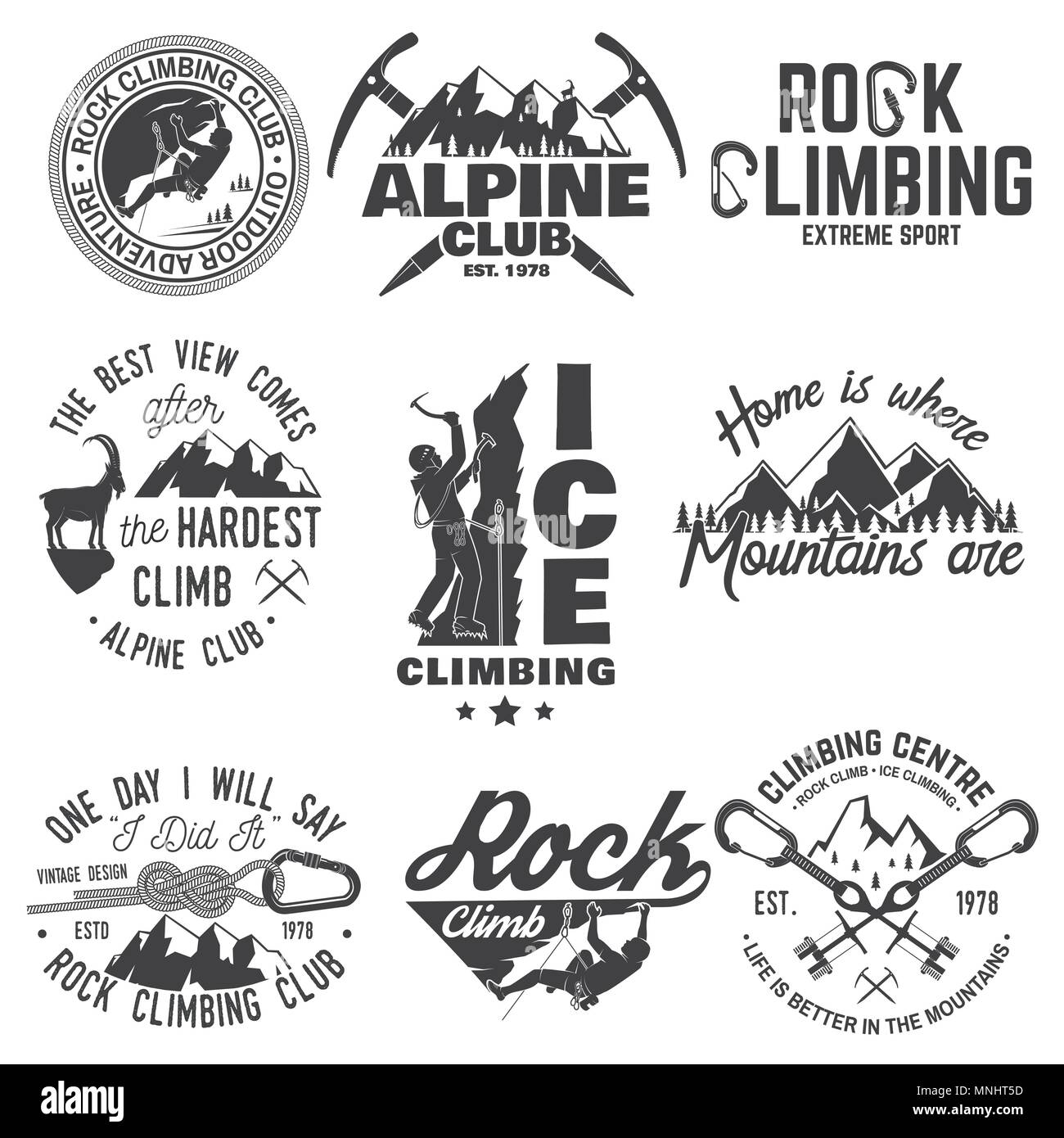 Set de badges Rock Climbing club. Vector illustration. Concept pour chemise ou imprimer, stamp ou tee. Typographie vintage design avec mousqueton alpiniste, et Illustration de Vecteur