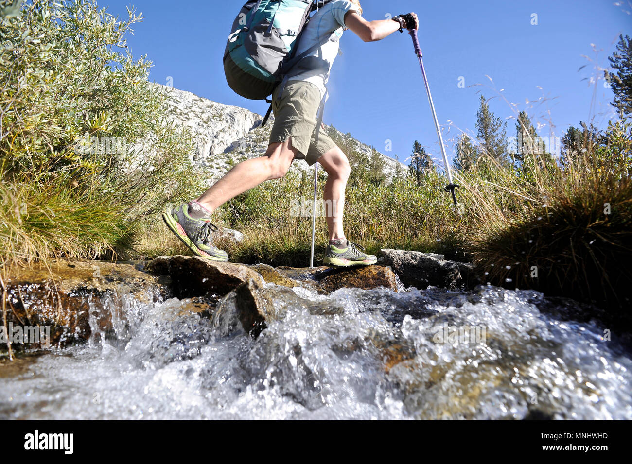 Backpacker crossing stream lors d'une randonnée vers le bas de la vallée du ruisseau Mills sur un trek de deux semaines de la Haute Route dans la Sierra John Muir Wilderness en Californie. La route de 200 milles environ en parallèle avec le John Muir Trail populaire à travers la Sierra Nevada de Californie Plage de Kings Canyon National Park Le Parc National de Yosemite. Banque D'Images