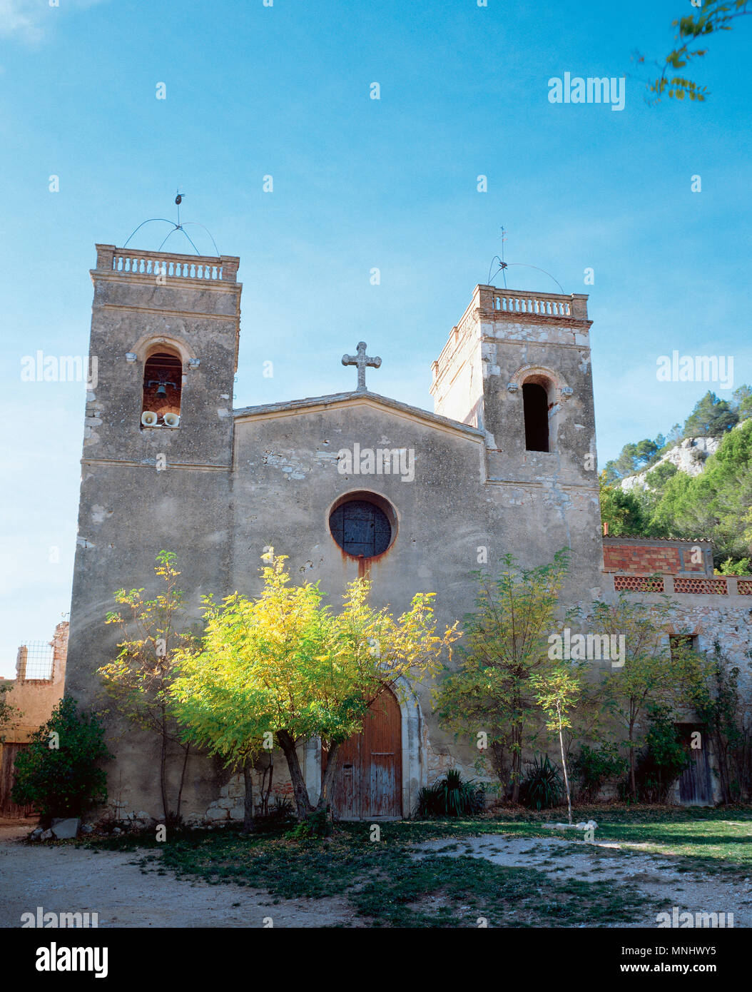 Sanctuaire de Sant Magí de Brufaganya. Il a été construit au 17ème siècle. Vue extérieure. Pontils, province de Tarragone, Conca de Barbera, Catalogne, Espagne. Banque D'Images
