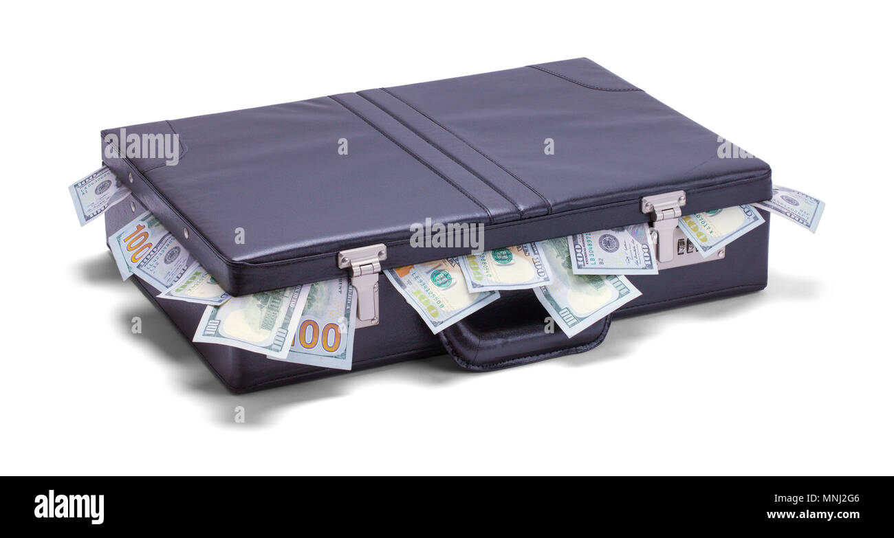 Porte-documents noir farci de paiement isolé sur un fond blanc. Banque D'Images