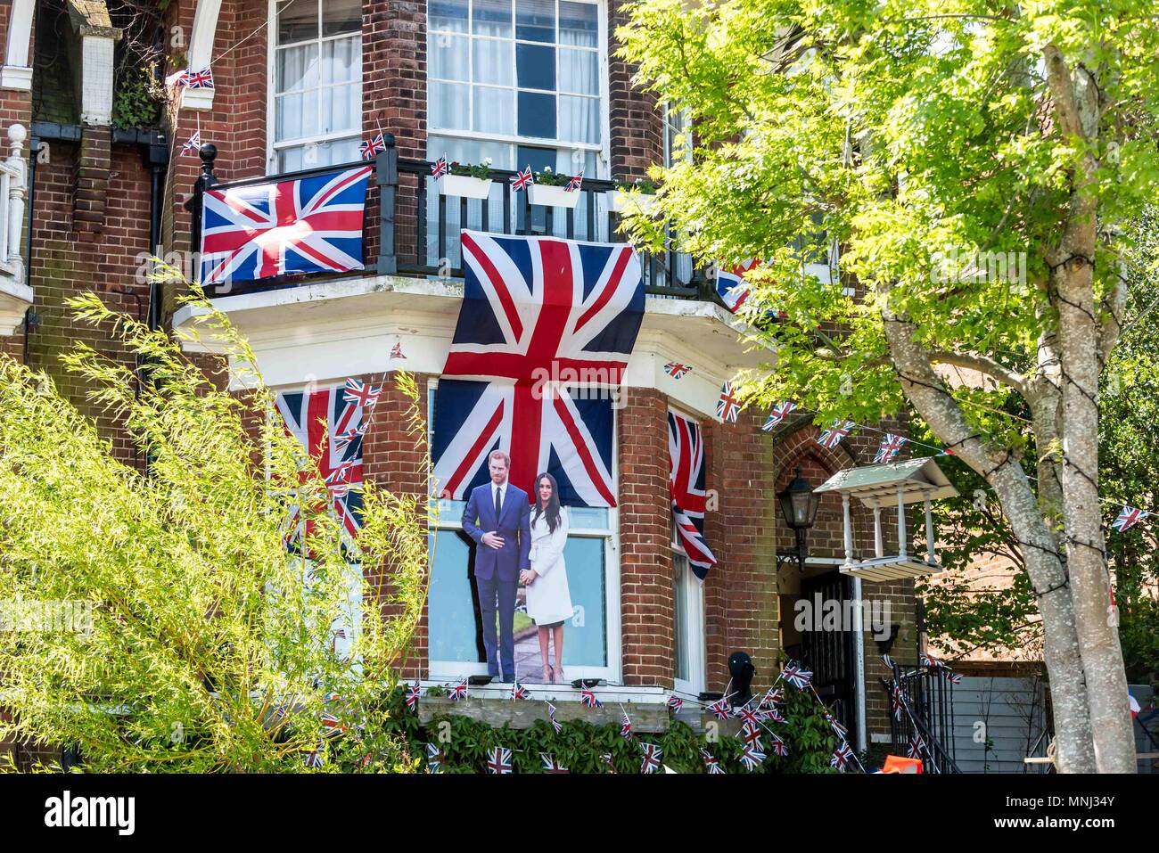 Drapeaux, banderoles Décorations sur la chambre ad de Mariage Royal fans à Brighton Banque D'Images