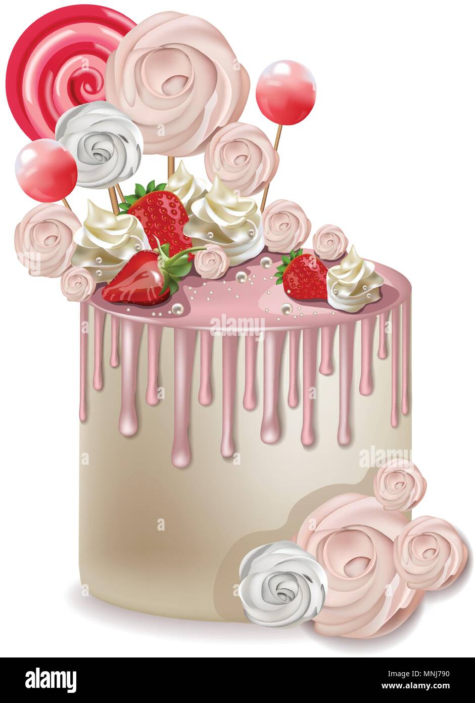 Joyeux Anniversaire Gateau Rose Vector Realiste Sucettes Et Meringues Sur Le Dessus 3d Illustration Detaillee Image Vectorielle Stock Alamy