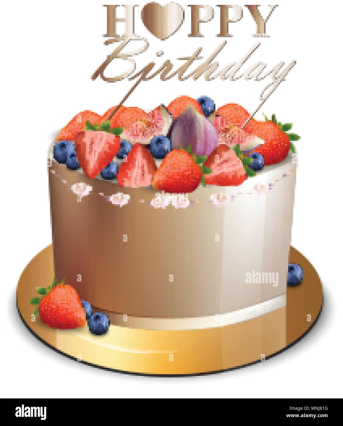 Joyeux anniversaire gâteau fruits Vector réaliste. Anniversaire, mariage, cérémonie desserts moderne. Gâteau doré avec petits fruits Illustration de Vecteur