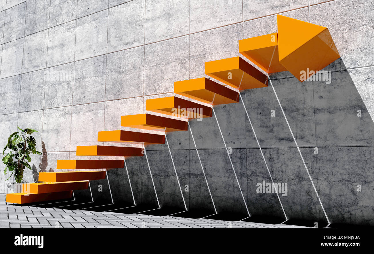 Des mesures pour aller de l'avant au niveau suivant, le succès, orange concept escalier avec panneau de flèche et mur de béton en scène extérieure Banque D'Images