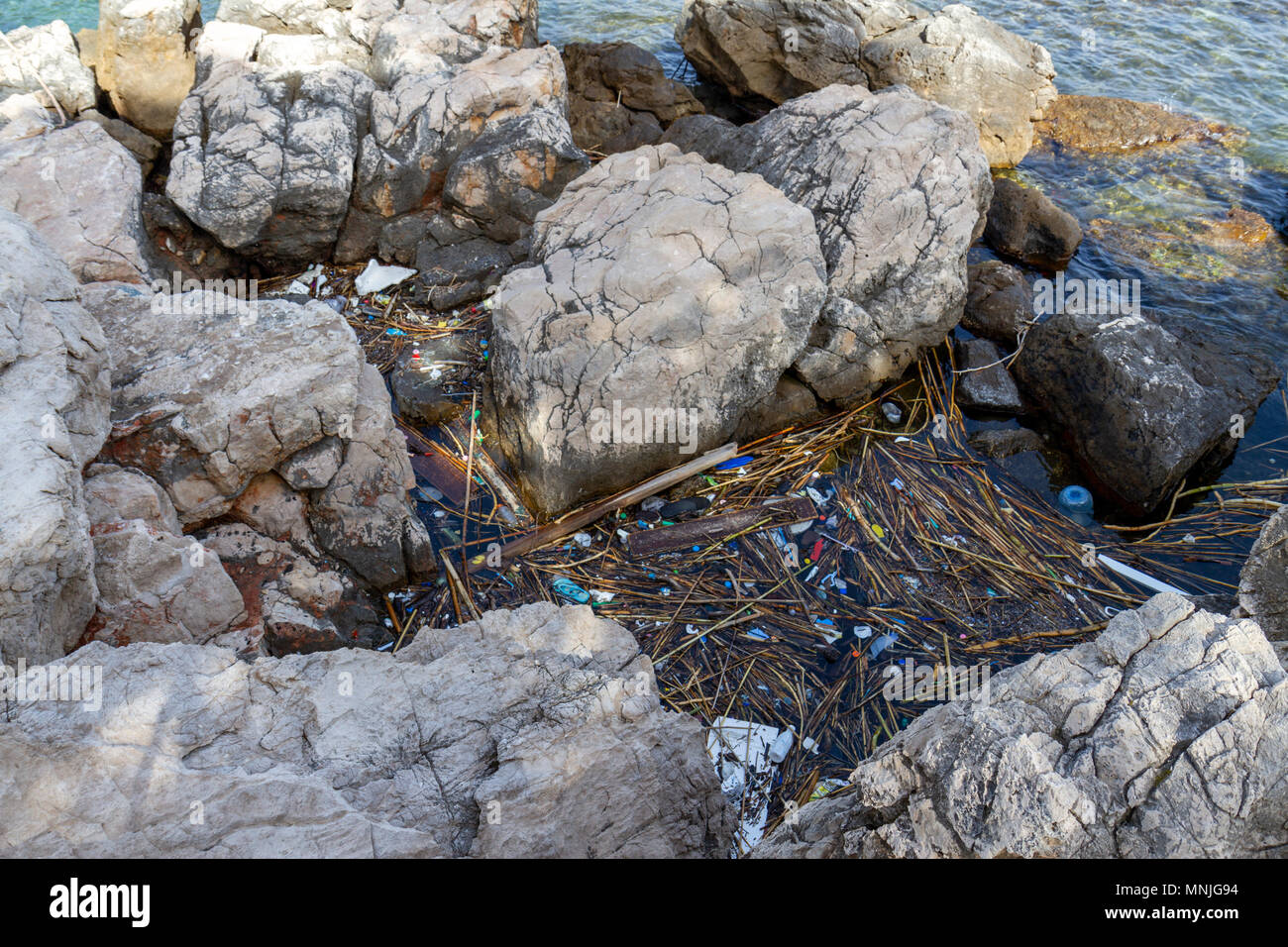 La pollution plastique mise en place entre les roches sur sur l'île de Lokrum, dans la mer Adriatique au large de Dubrovnik, Croatie. Banque D'Images