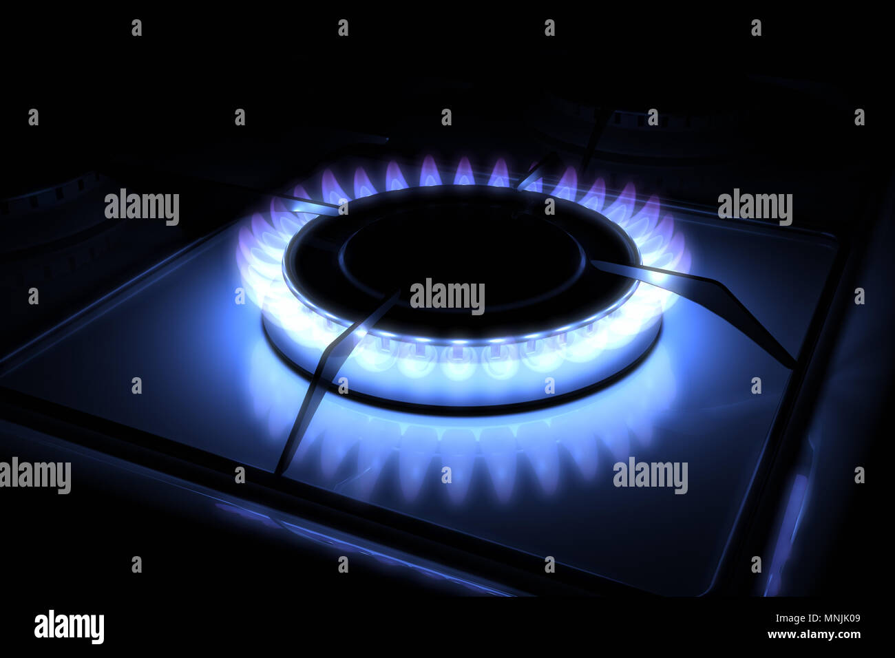 Cuisinière à gaz avec brûleur flamme bleu modèle 3D, la chaleur de cuisinière Banque D'Images