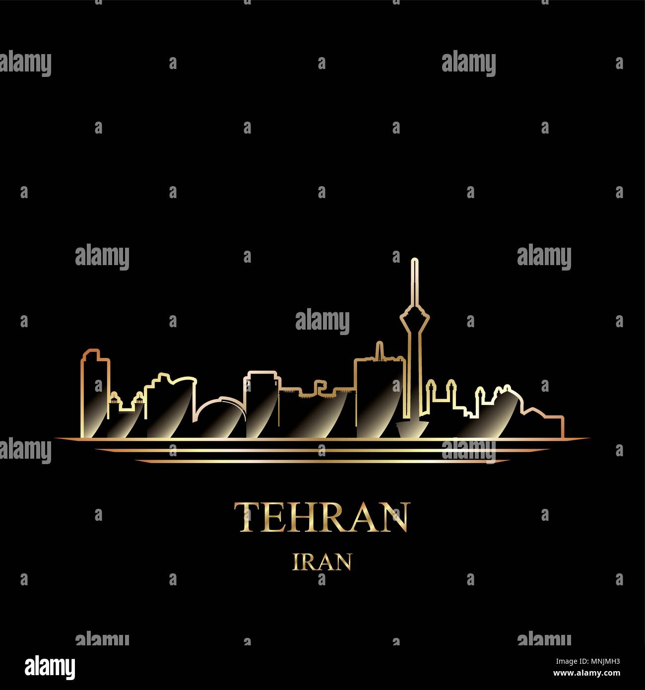 Silhouette d'or de Téhéran sur fond noir vector illustration Illustration de Vecteur