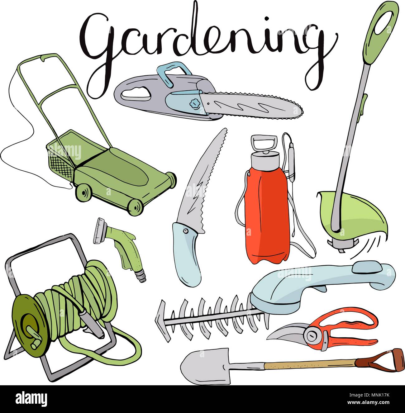 Jeu de couleurs avec différents outils de jardinage. Illustration de Vecteur