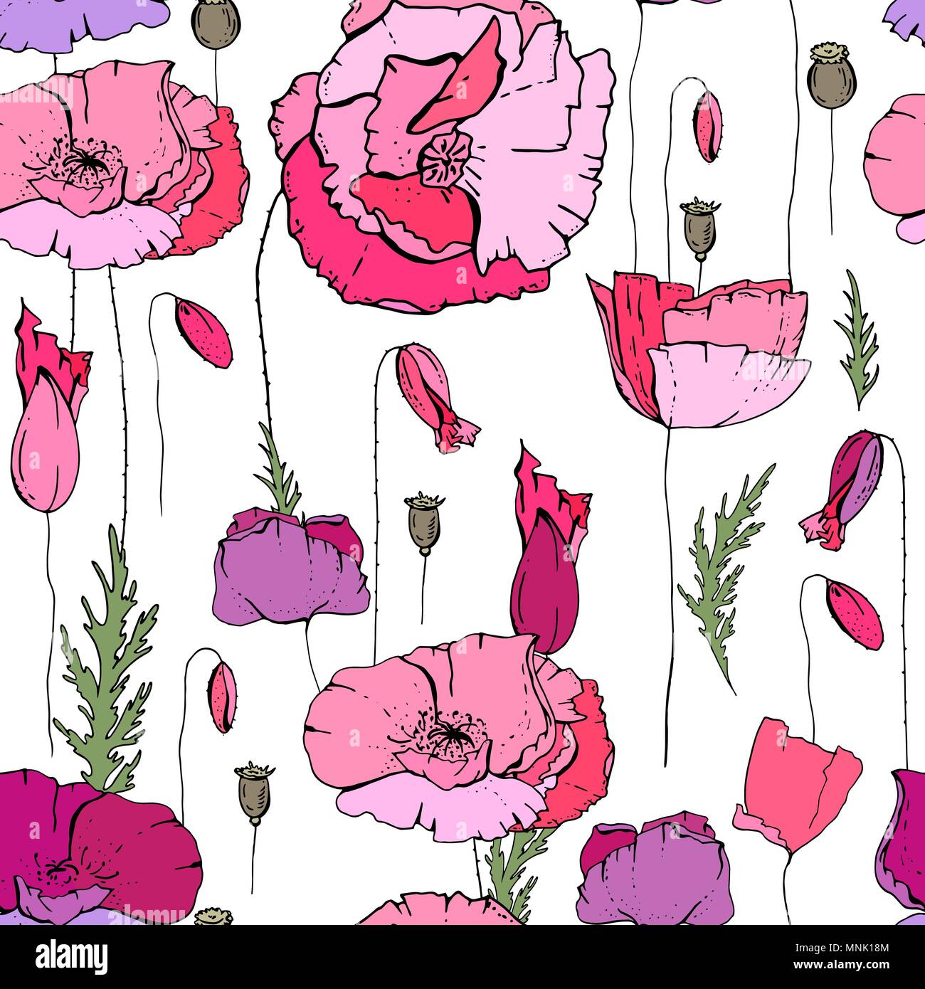 Motif floral romantique sans couture avec fleurs de pavot. Illustration de Vecteur