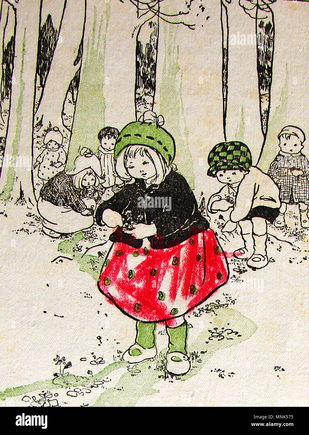 Illustration d'un livre de coloriage pour enfants des années 1930 montrant les enfants cueillette des fleurs dans un bois pour leurs mères pour la Fête des Mères Banque D'Images