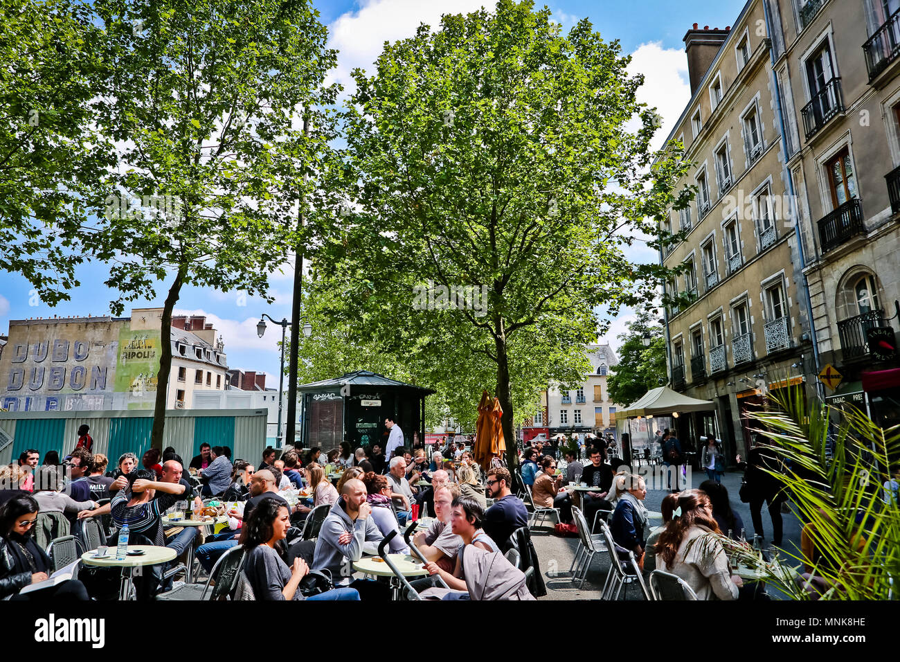 Rennes (Bretagne, nord-ouest de la France) : bâtiments et de terrasses de cafés dans le centre-ville, place Sainte-Anne' square. Façades colorées de timb Banque D'Images