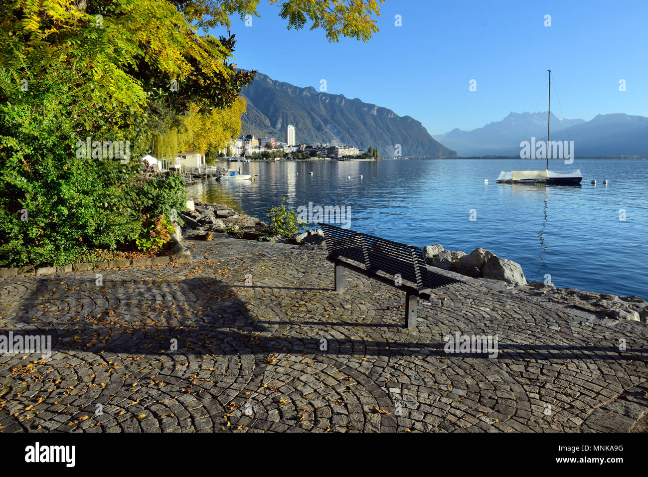 Banc au bord de l'eau sur le lac Léman Banque D'Images