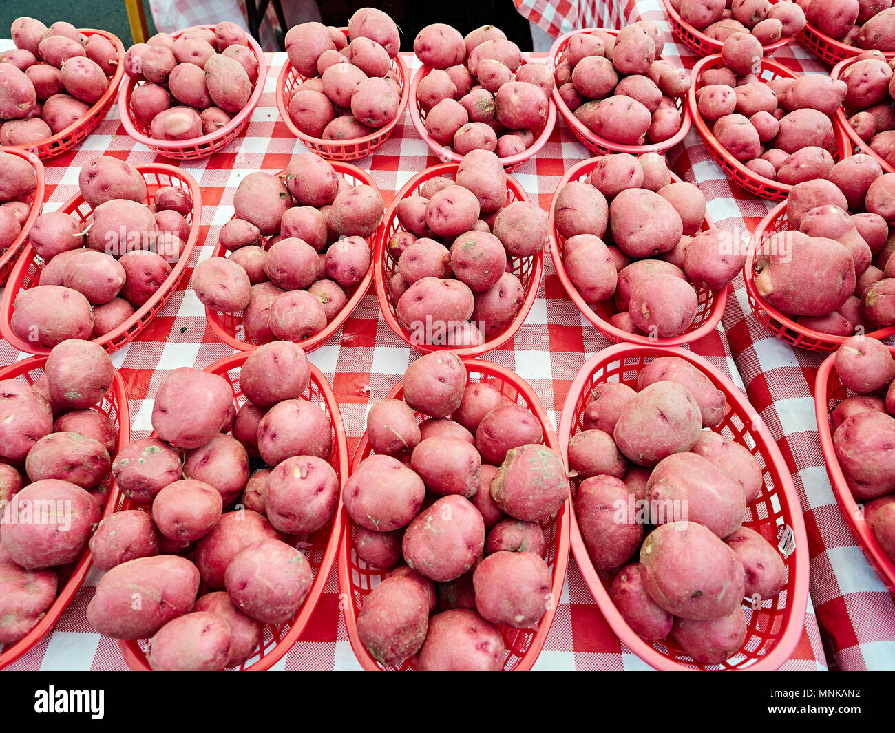 Pommes de terre rouges fraîches en paniers, en vente sur le marché agricole local de Montgomery Alabama, États-Unis. Banque D'Images