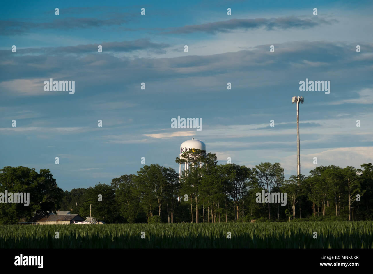 Pluie nuages bâtiment derrière l'Alabama Foley, château d'eau. Banque D'Images