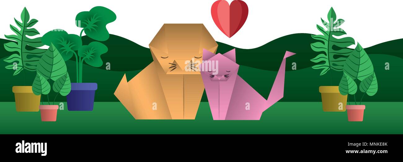 Quelques chats origami papier avec coeur dans le champ Illustration de Vecteur