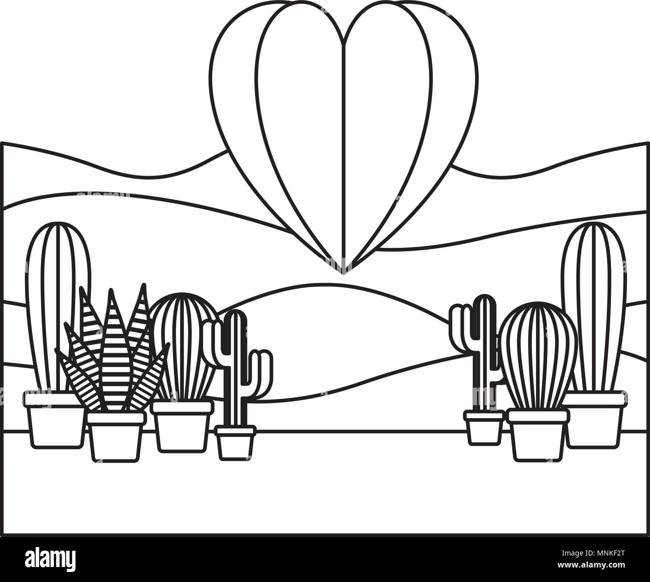 Cactus en pot plante avec coeur landscape scene Illustration de Vecteur