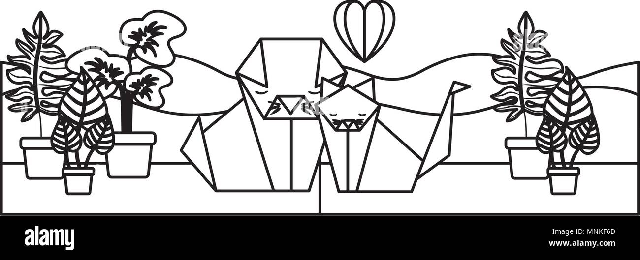 Quelques chats origami papier avec coeur dans le champ Illustration de Vecteur