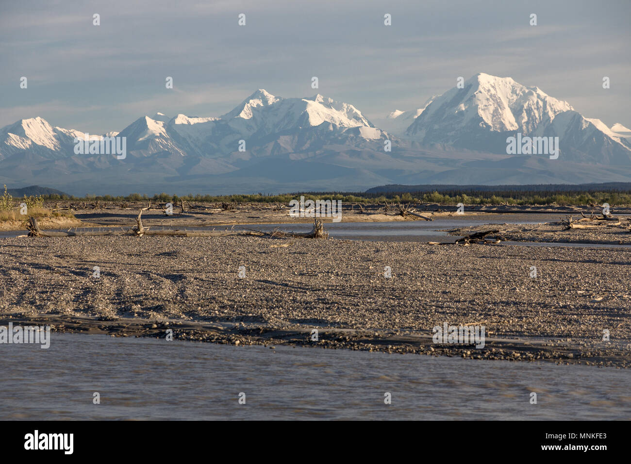 Vue sur la plaine de la rivière Tanana large de l'Alaska à mighty de montagnes. Même à la mi-juin, ces montagnes du nord ont encore beaucoup de neige et de glace Banque D'Images