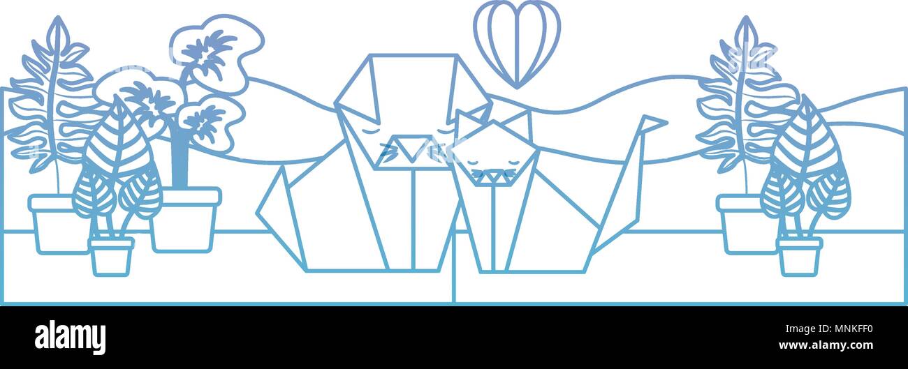 Quelques chats origami papier avec coeur dans le champ Illustration de Vecteur