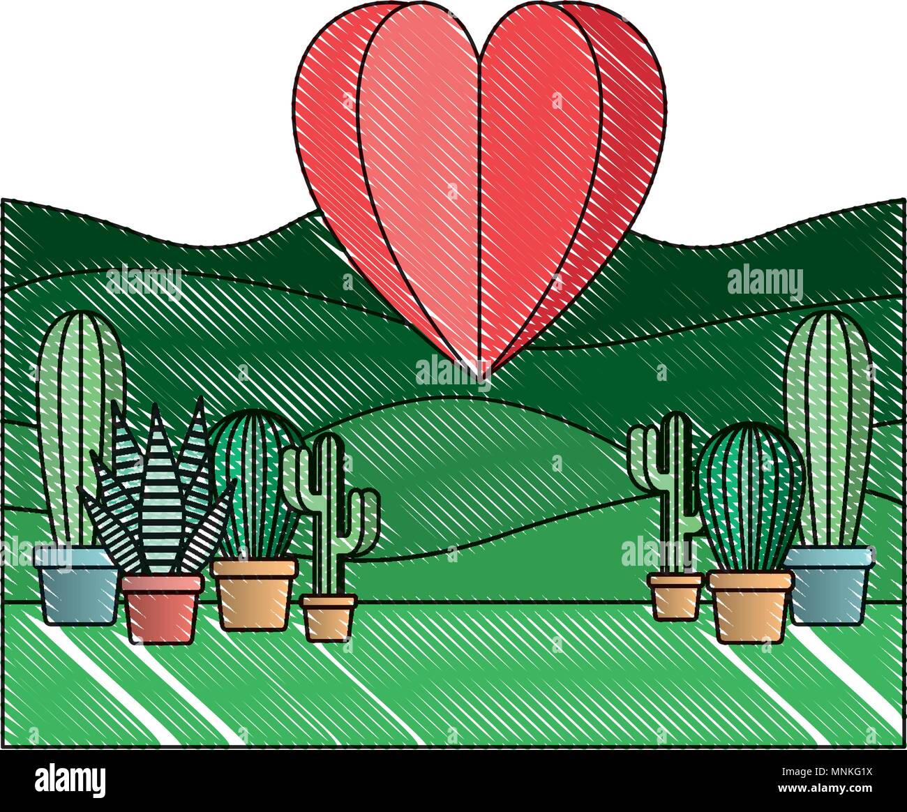 Cactus en pot plante avec coeur landscape scene Illustration de Vecteur
