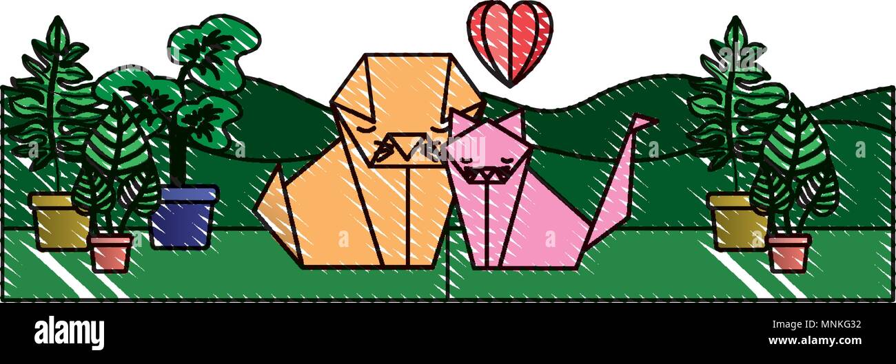 Quelques chats origami papier avec coeur dans le champ Illustration de Vecteur