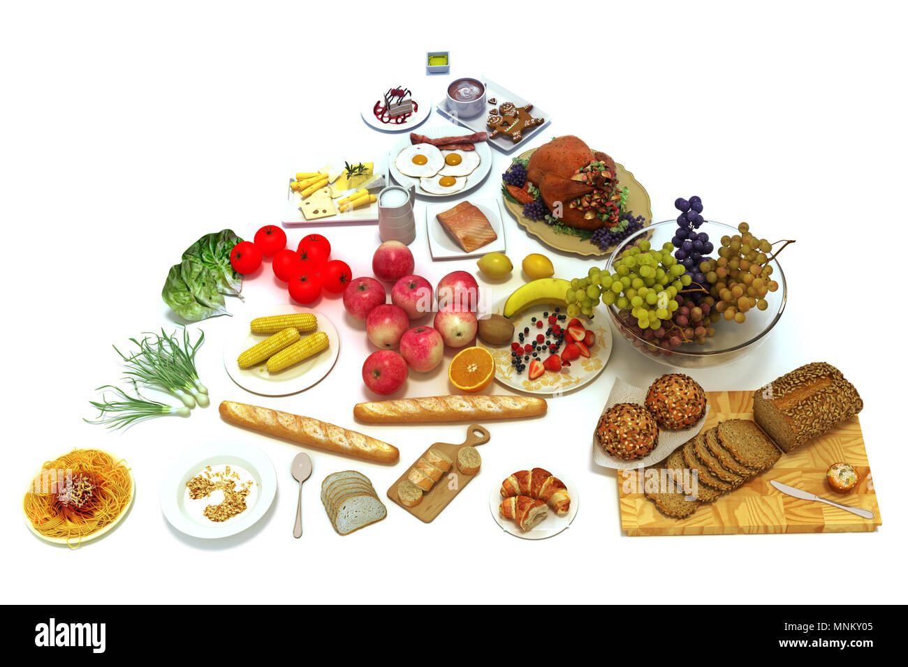 Pyramide alimentaire Concept d'une alimentation saine des groupes isolé sur fond blanc, 300 D.P.I, différentes portions de nourriture saine, de l'équilibre avec les groupes alimentaires Banque D'Images