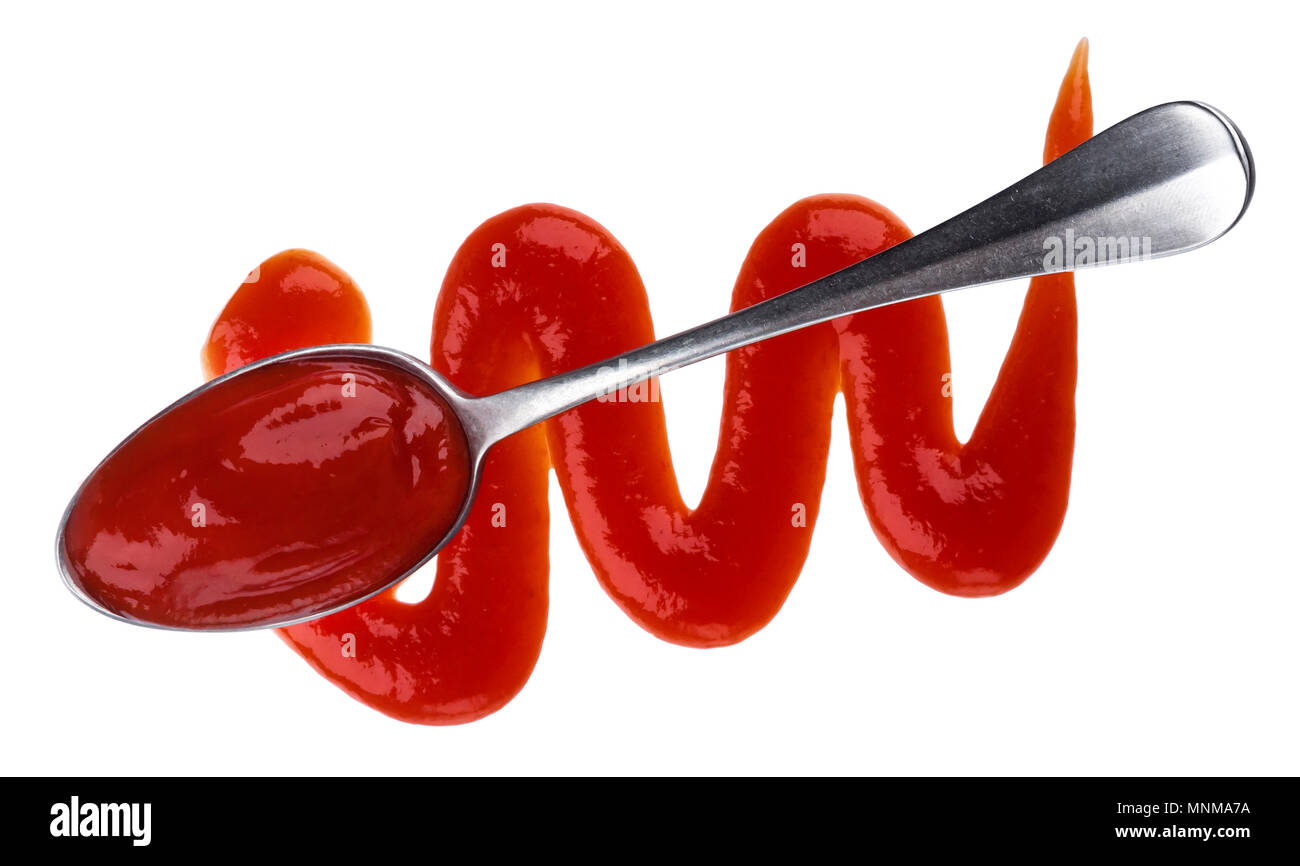 Le ketchup. Sauce tomate avec cuillère isolé sur fond blanc avec chemin de détourage. Vue d'en haut Banque D'Images