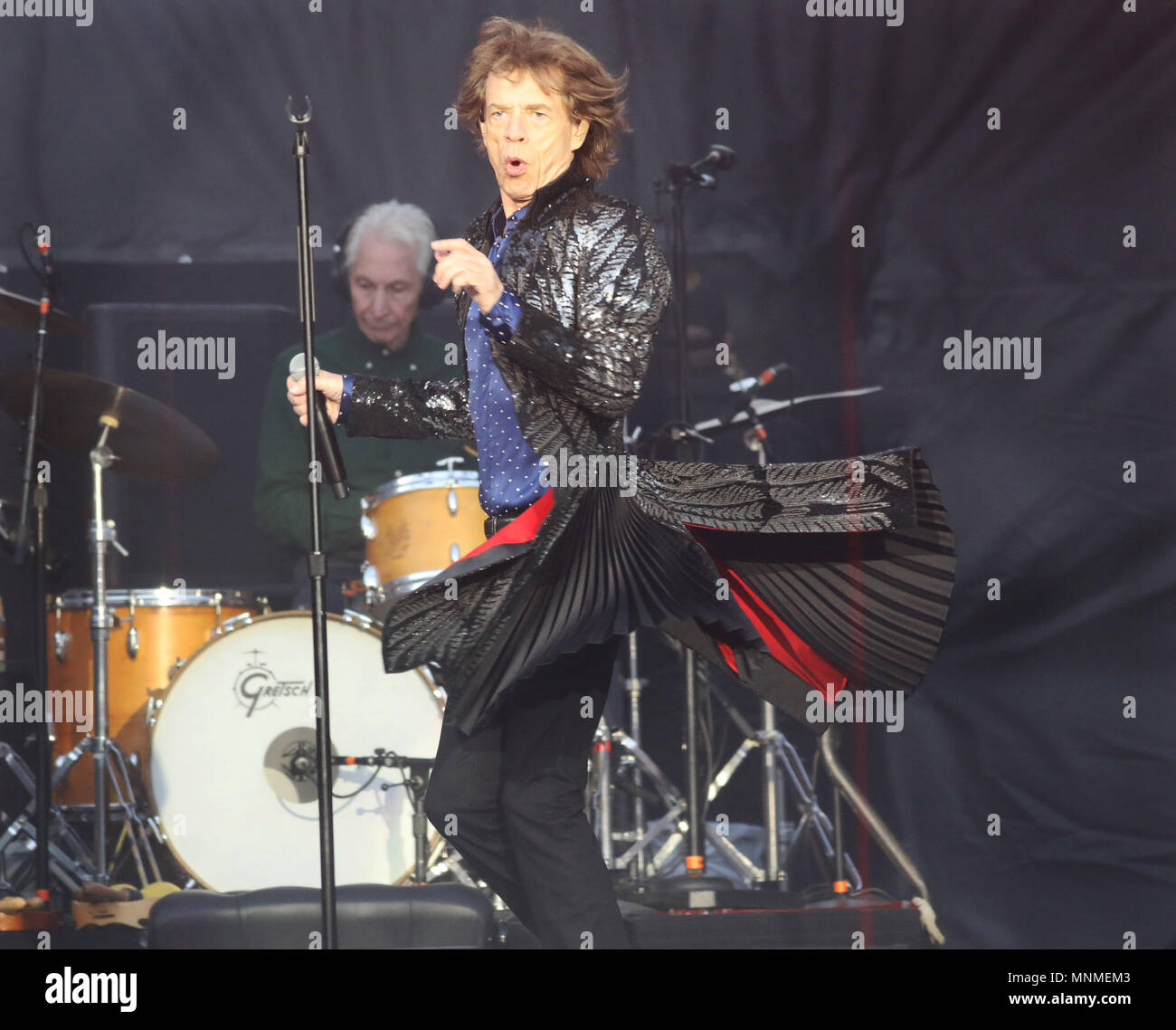 17/5/2018. Oui, les garçons sont de retour en ville ! Mick Jagger joue à la foule avec Keith Richards, Ronnie Wood et Charlie Watts de The Rolling Stones à l'appui qu'ils ont joué dans Croke Park de Dublin ce soir, sur la première étape de leur Les pierres - Pas de filtre d'. Après leur concert ils vont voler retour au Royaume-Uni pour continuer le tour qui comprend Londres, Edimbourg et Cardiff. Photo : Leon Farrell/RollingNews.ie Banque D'Images