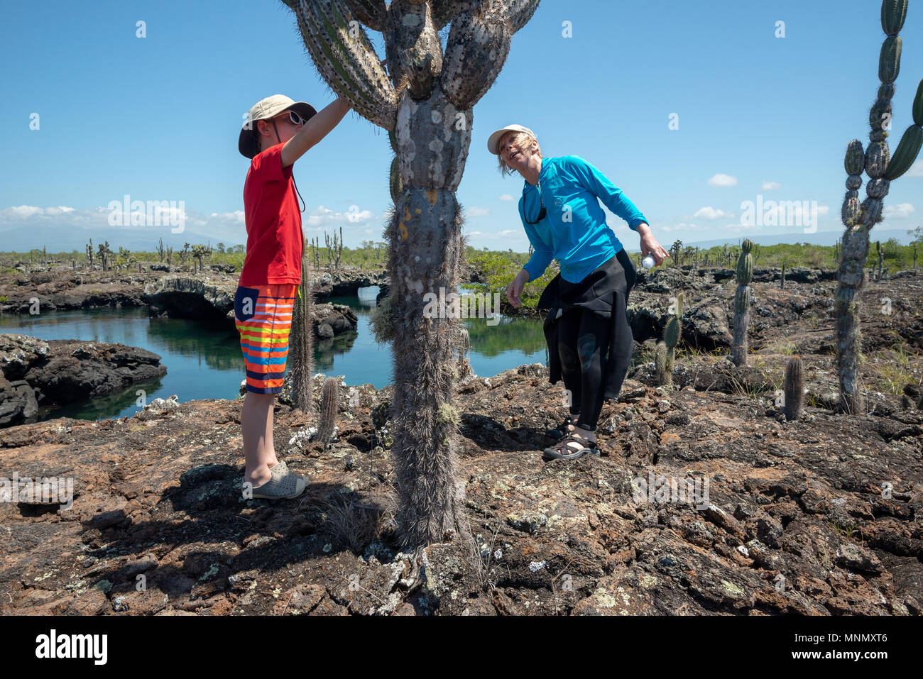Garçon et une femme à la recherche de cactus candélabres à Los Tuneles sur l'île Isabela, îles Galapagos, en Équateur. Banque D'Images