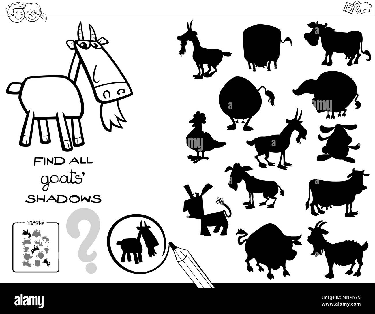 Illustration Cartoon noir et blanc de trouver toutes les chèvres de ombres activité éducative pour les enfants Coloring Book Illustration de Vecteur