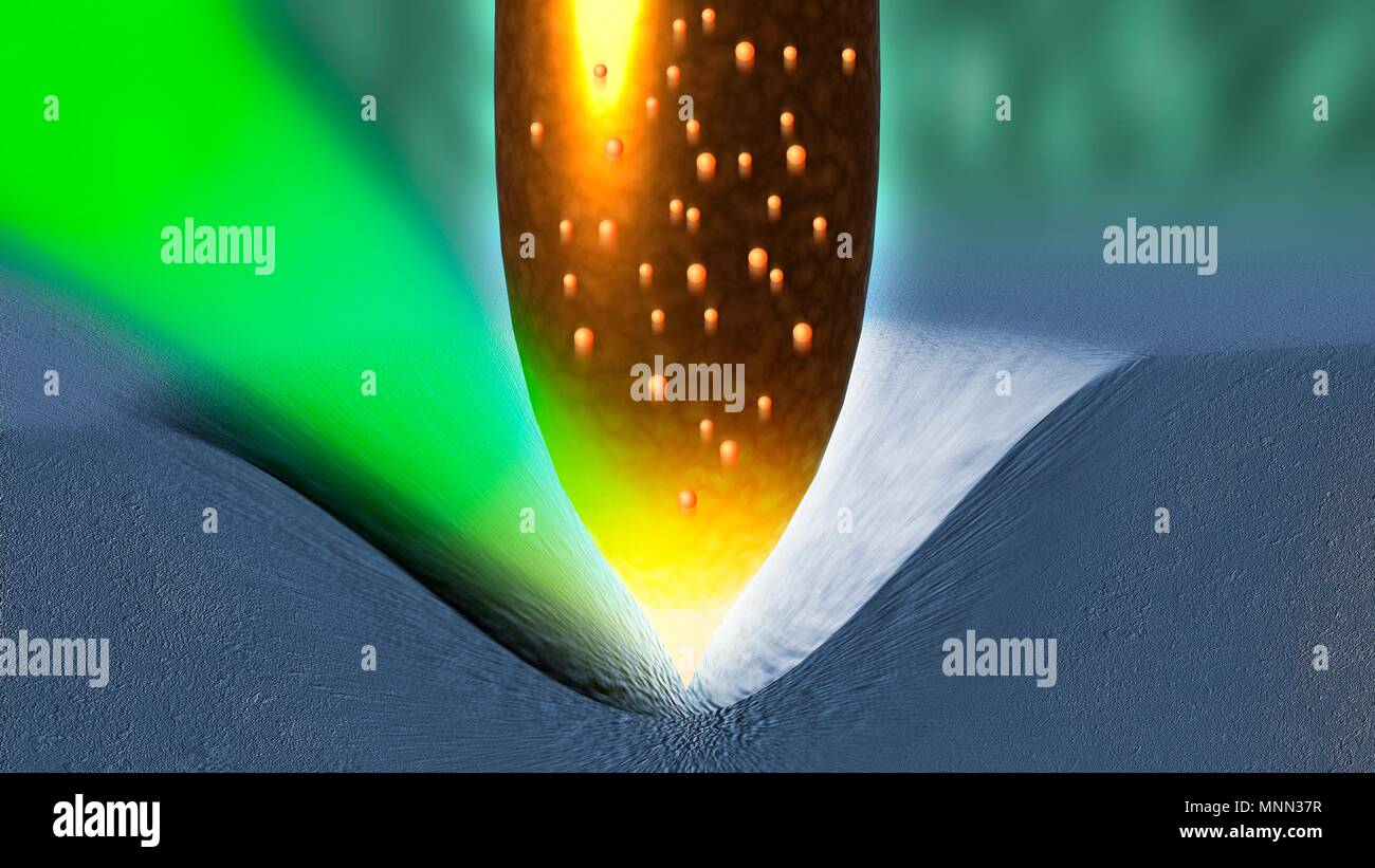 Illustration d'une nouvelle technique pour gagner plus de puissance hors de cellules solaires. En raison de limites physiques, le montant maximum de lumière du soleil qui tombe sur une cellule solaire qui peut être convertie en électricité est seulement 34 pour cent. Cependant, les chercheurs de l'Université de Warwick au Royaume-Uni ont montré comment cela pourrait être surmonté, renforcer l'efficacité des matériaux de cellules solaires. Ils ont enfoncé la pointe conductrice d'un microscope à force atomique dans le matériau, qui pressé et déformés de titanate de strontium cristaux individuels (SrTiO3), dioxyde de titane (TiO2) et le silicium (Si). Banque D'Images