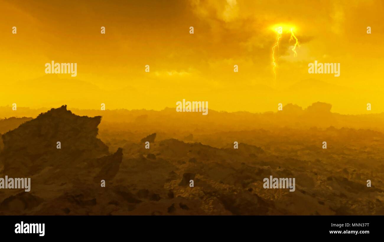 Surface de Vénus. Illustration d'ordinateur d'une vue sur la surface rocheuse de la planète Vénus, montrant les nuages d'acide sulfurique obscurcissant le Soleil, Vénus se trouve à environ 108 millions de kilomètres du Soleil, environ deux tiers de la distance Terre-Soleil, et est légèrement plus petite que la terre. Il est le plus actif de la surface planétaire dans le système solaire, avec des températures de près de 500 degrés Celsius depuis sa dense de dioxyde atmosphère capte la chaleur du soleil. La pression atmosphérique de surface est d'environ 90 fois celle de la Terre. Cette image est déformée en raison de l'épaisse Brume de chaleur atmosphérique. Banque D'Images