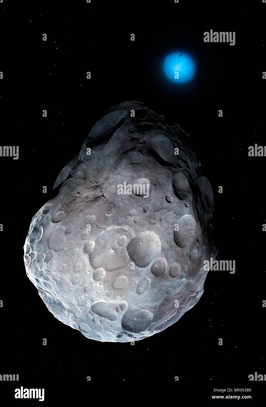 Iluustration de Neptune vu de l'orbite de sa lune, Néréide. Peu est connu au sujet de ce petit satellite en plus de détails de son orbite, de taille et de spin. Il mesure environ 340 km de diamètre, s'il est des orbites de forme irrégulière, Neptune en 360 jours, et tourne une fois sur son axe en 11,59 heures. Il a été découvert en 1949 par Gerard Kuiper, ceinture de Kuiper-fame. Banque D'Images