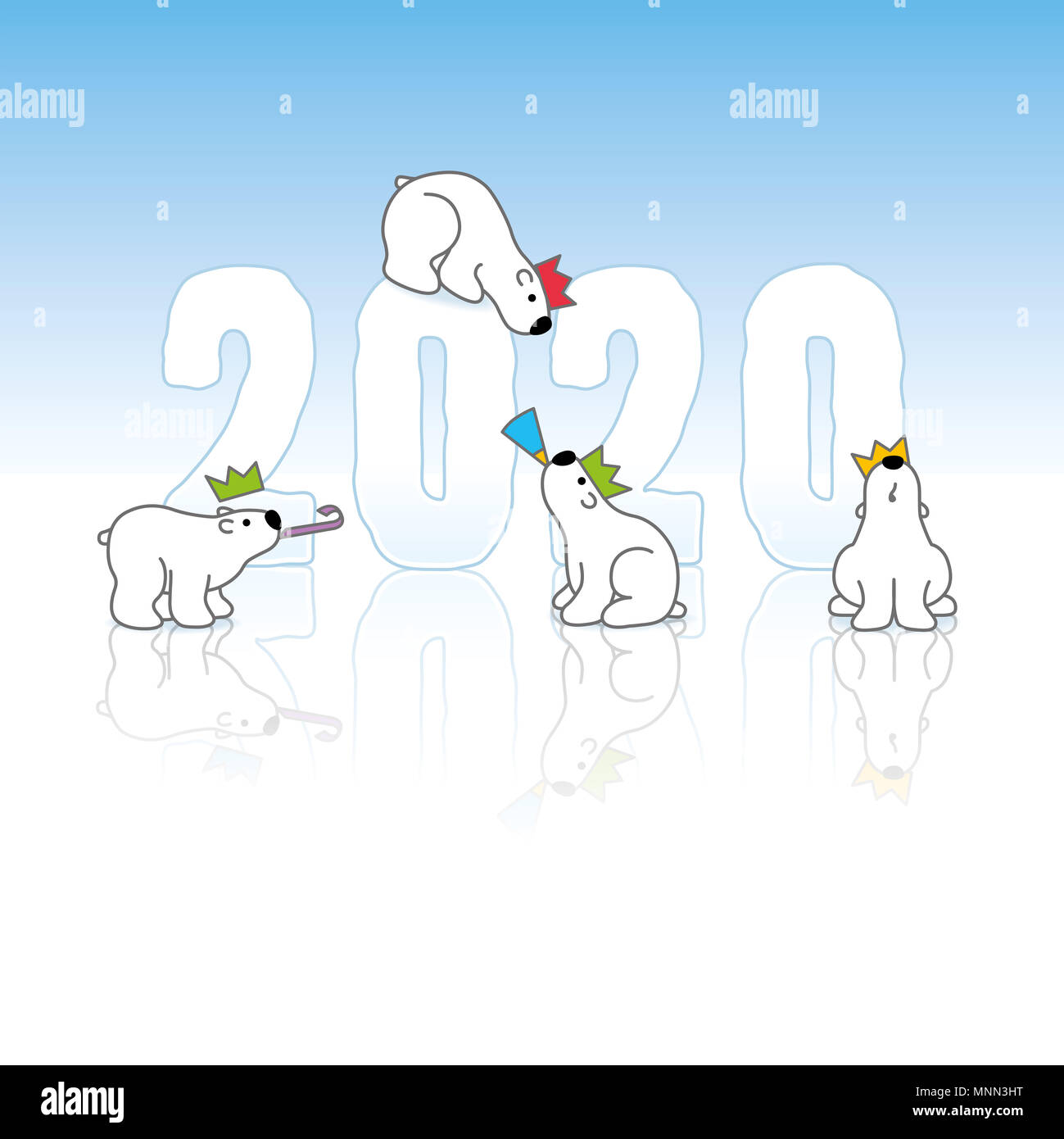 Quatre mignons petits ours blancs portant des chapeaux de papier coloré autour de l'an 2020 congelé sur un fond froid bleu glace avec des réflexions Banque D'Images