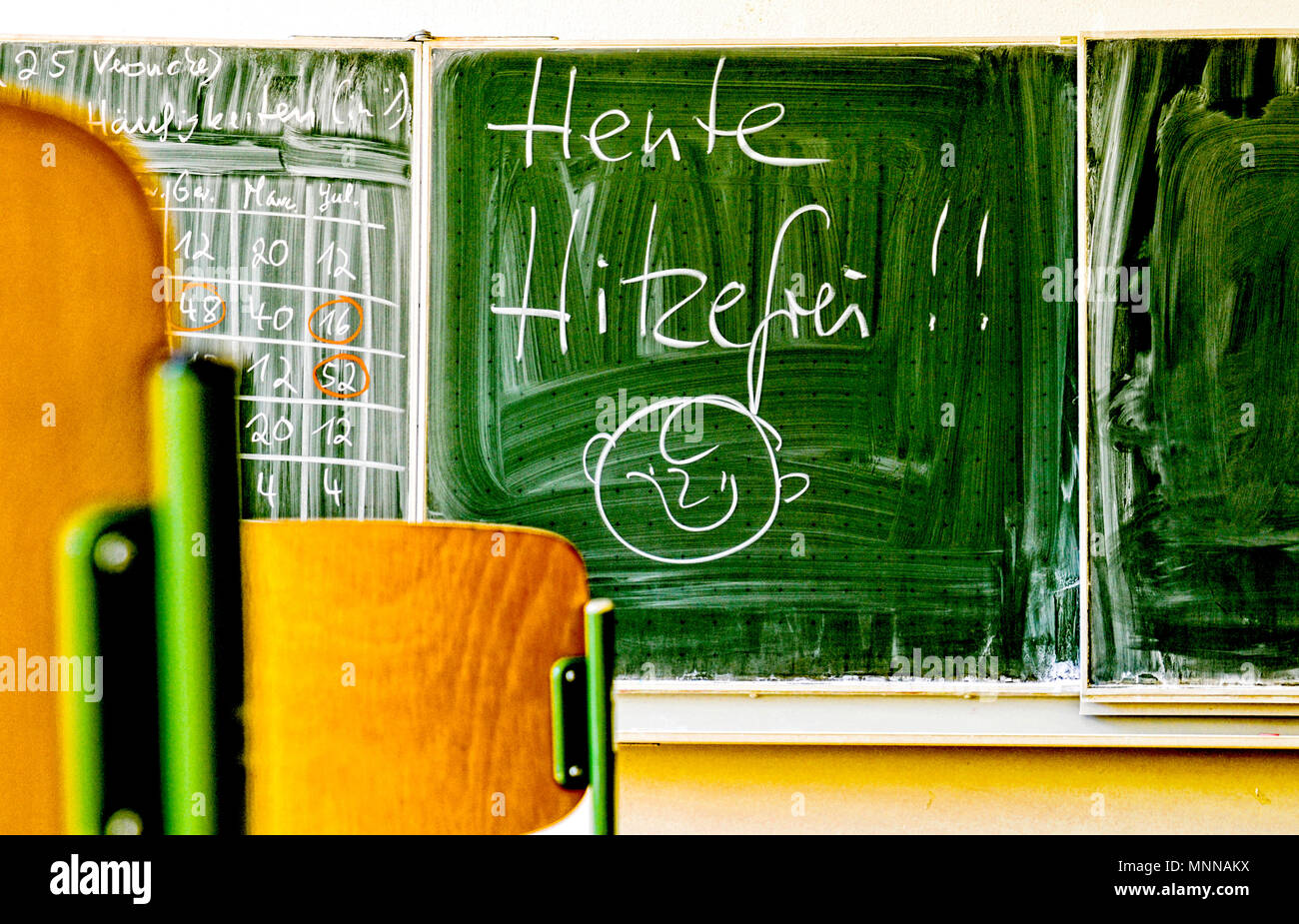 Tableau noir avec l'inscription : l'école est finie à cause du temps chaud ; Anschrieb hitzefrei Tafel mit : Banque D'Images