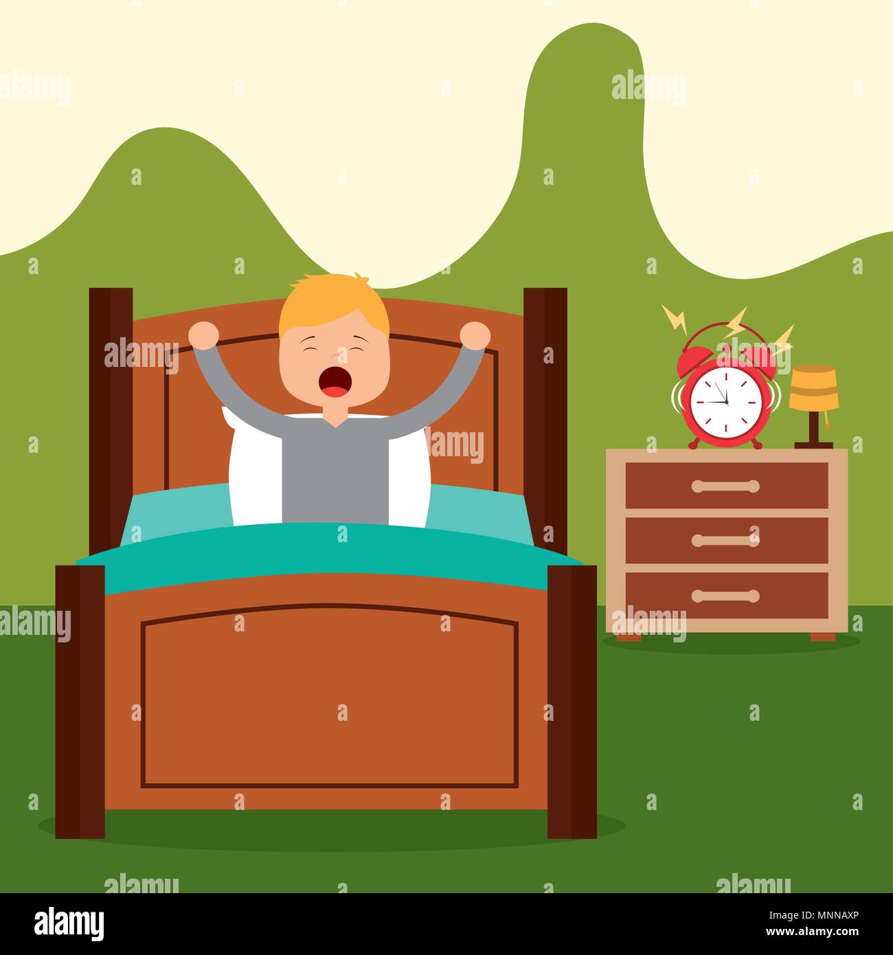 Vector illustration du petit garçon se réveillant dans un lit sur fond blanc Illustration de Vecteur